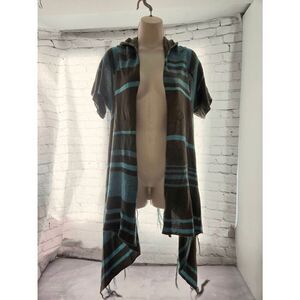 Bamboo Traders Women's Size Large Grey/Blue Striped Open Hooded Sweater